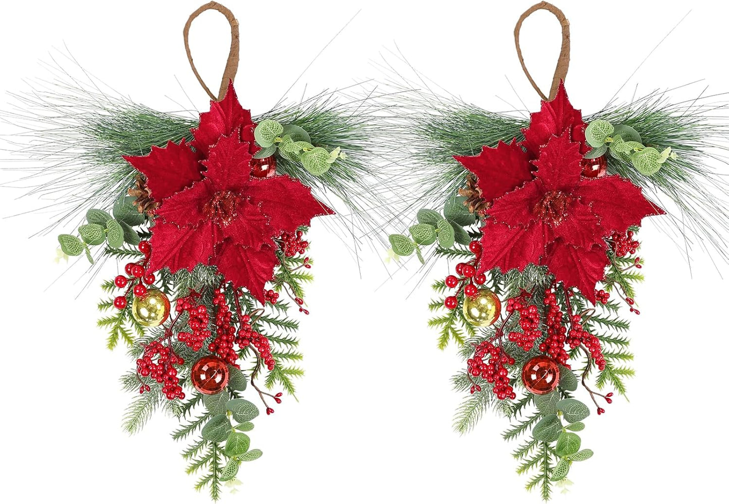 Set of 2 Christmas Teardrop Swags with Red Berries, Poinsettia