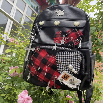 Y2K Harajuku Punk Gothic PU Leather Large Capacity Star Patch School Bag