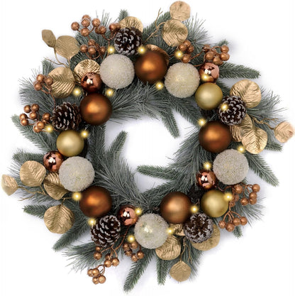 Pre-Lit Christmas Wreath with Lights and Champagne Gold Xmas Balls - 20 Inch