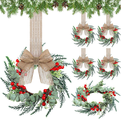 Christmas Wreath Decorations with Burlap Ribbon - Mini Farmhouse Wreaths for Kitchen Cabinet, Pillars, Front Door, Window, Chair, and Wall