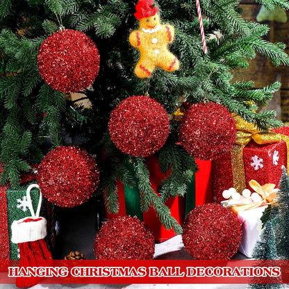 6 Pcs 4 Inch Red Christmas Ball Ornaments - Tinsel, Glitter, Sequin, Foam - Shatterproof Xmas Hanging Decorations for Home, Party, Gift