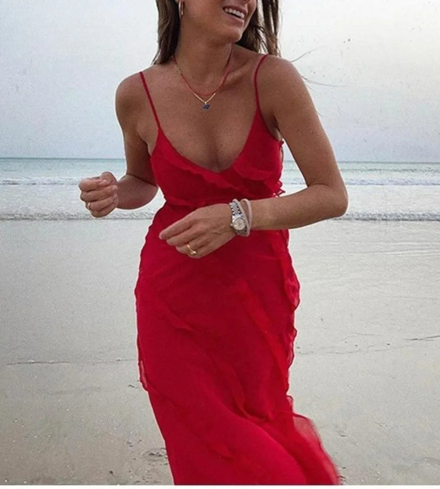 Ruffles Chiffon Backless Split Maxi Red Christmas Party Dress