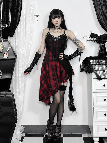 Gothic Y2K Irregular Red Plaid Lace Vintage Backless Patchwork Party Club Dress