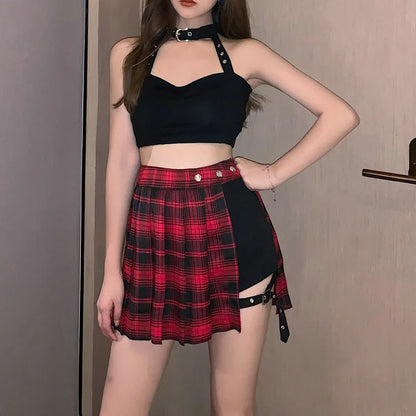 Fashion Tartan Red Pleated Streatwear Plaid Side Button Mini Skirt