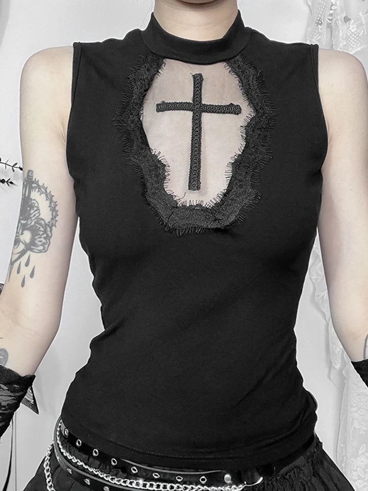 Gothic Dark Cross Mesh Patchwork See Through Grunge Alternative Crop Top