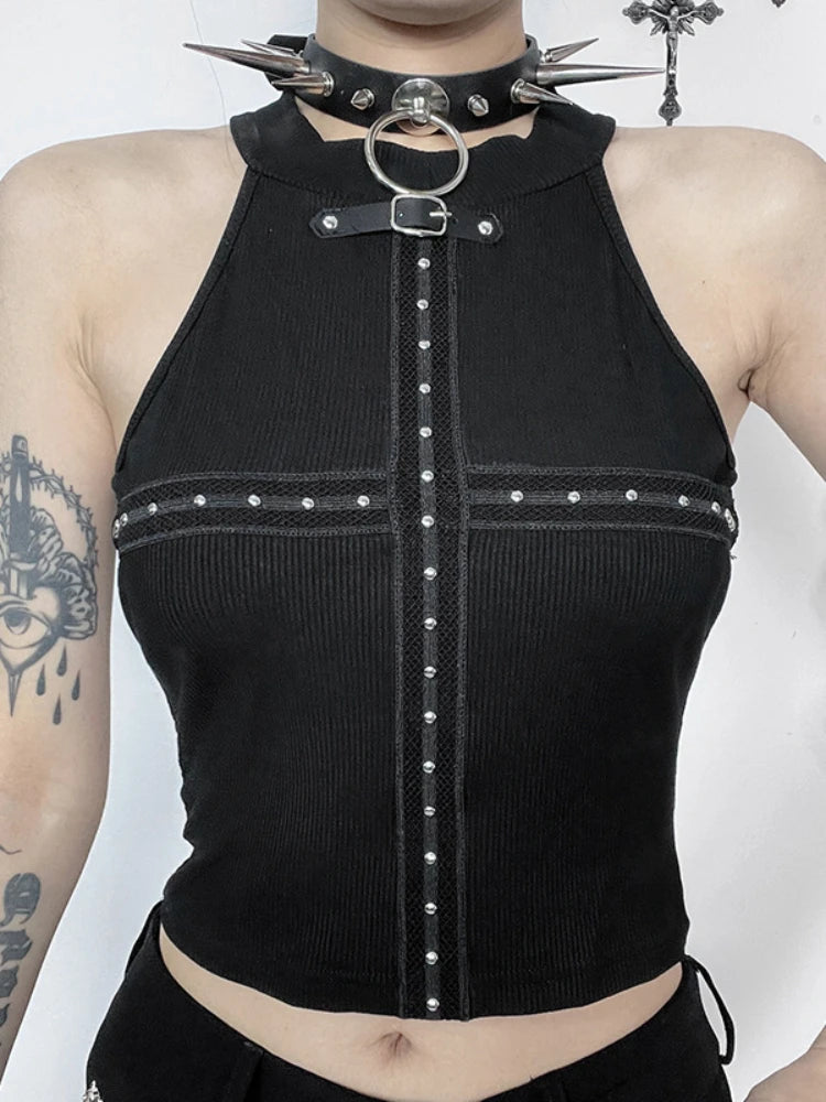 Streetwear Gothic Black Dark Cyber Punk Patchwork Cross Alt Grunge Crop Top