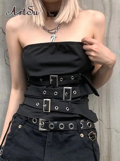 Gothic Eyelet Bandage Design Punk Black Sleeveless Crop Top