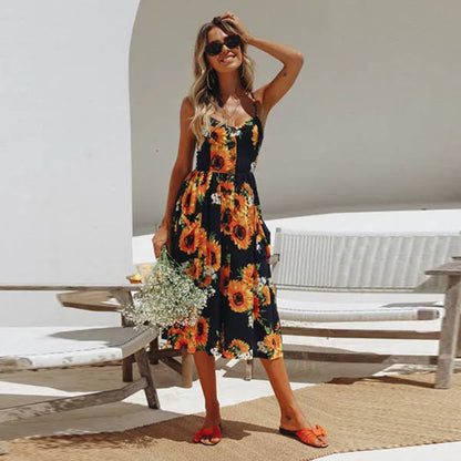 Beach Printing Suspenders Robe V-Neck Seeveless Women's Vestiti Donna Midi Dresses