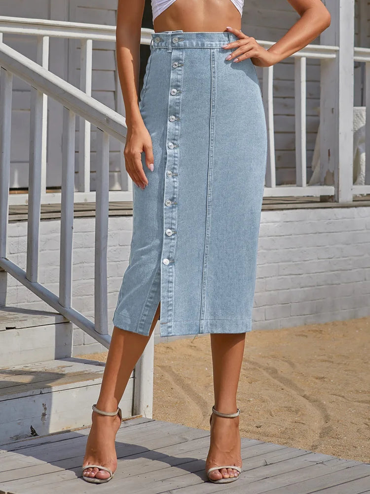 DressBetty - Sexy Streetwear Button Denim Skirt Bodycon Long Skirt