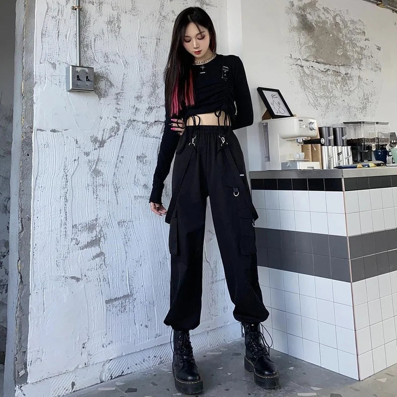 Black Cargo Pants Women Streetwear Gothic High Waist Techwear Pants