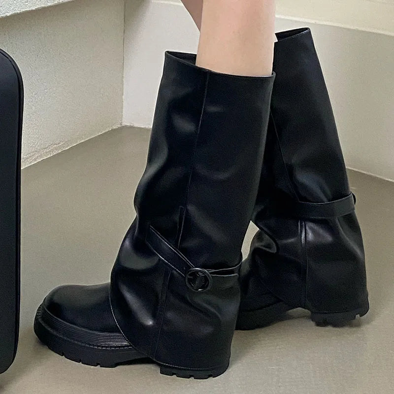 Black Footwear Round Toe Heels Fashion Slip On Long Knee High Boots