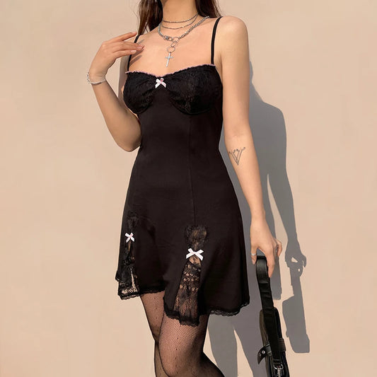 Black Gothic Lolita Style Lace Trim Sleeveless V Neck Bow Y2K Aesthetic Grunge Mini A-Line Dress