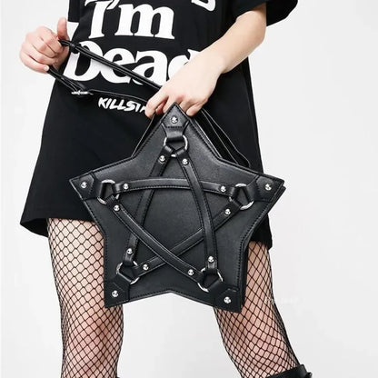 Black Gothic Pentagram Unisex Punk Designer Casual Retro Fashion Leather Bag