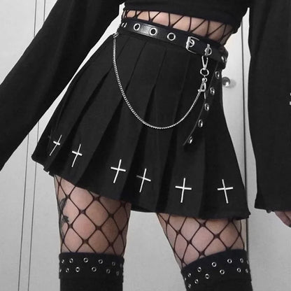 Black High Waist Pleated Vintage Gothic Streetwear Cross Print Skirt