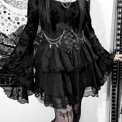 Black Mini Gothic Sexy Cute Women Drawstring Folds High Waist Irregular Ruffle Patchwork Fairycore Skirt