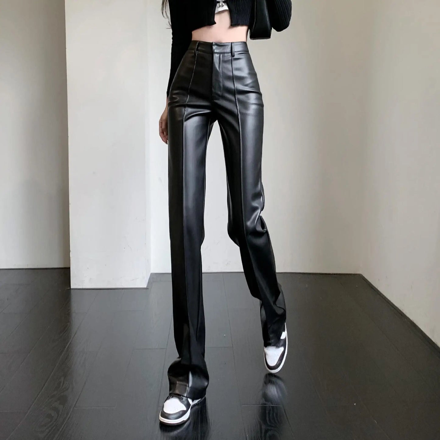 Black High Waist Wide Leg Slim Straight Loose Leather Autumn Urban Casual Pants