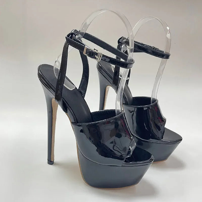 Sleek Black Patent Leather High Heel Peep Toe Platform Ankle Buckle High Heel