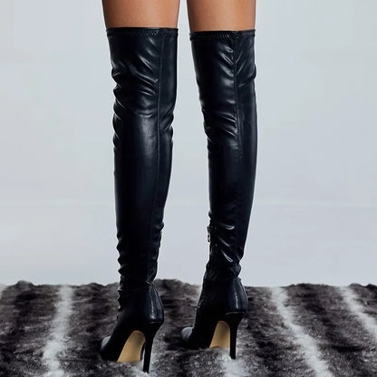 Black Thigh High Over The Knee Leather Boots Pointed Toe High Heel Boot High Heel