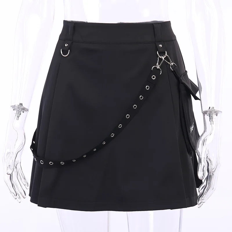 Black Functional Irregular Pleated A-line High Waist Tooling Waist Chain Gothic Harajuku Y2k Goth Skirt