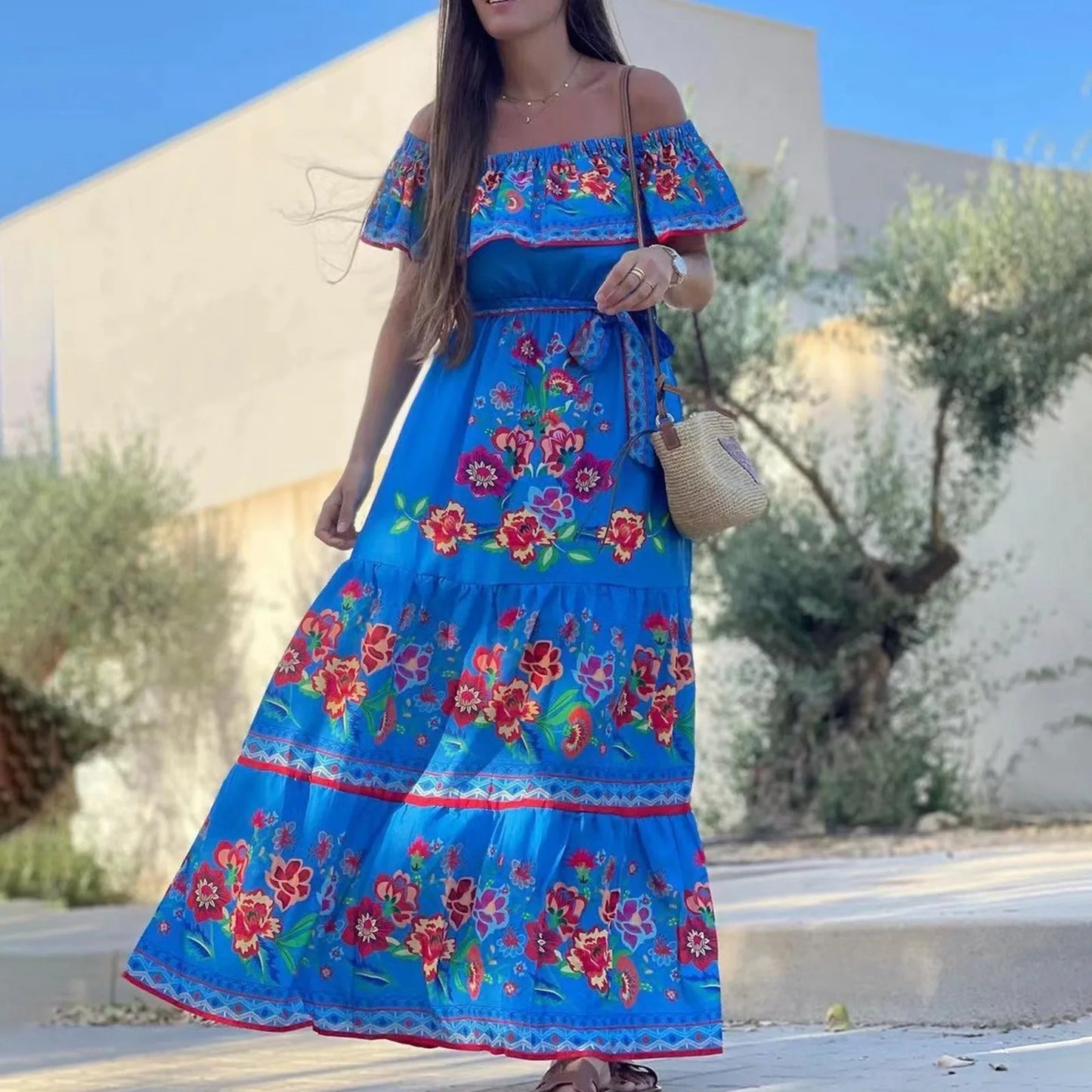 Bohemian Slash Neck Off Shoulder Flower Print Long Swing 2024 New Summer Vintage Beach Vacation Floral Dress