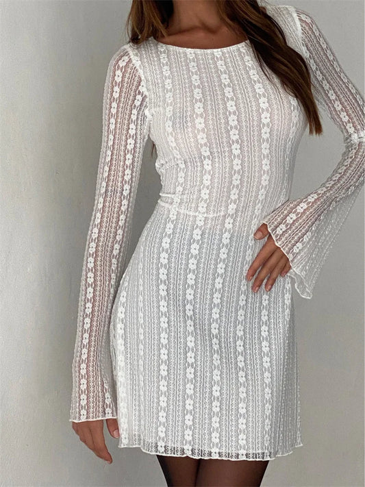 Mesh See Through Round Neck Mini Dresses