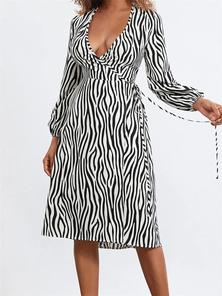 Long Sleeve V-Neck Zebra Striped Print Tie-Up Casual Midi Dress