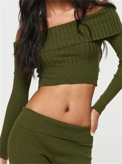 Knitted Ribbed Long Sleeve Crop Slash Neck Off Shoulder Slim Fit Solid T-shirts