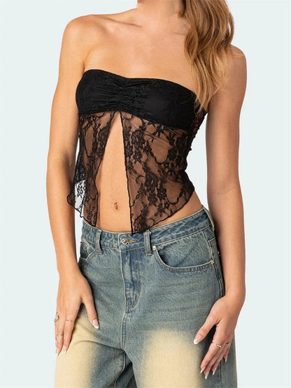 Lace Front Split Bustiers Corsets Strapless Off Shoulder Tube Party Club Mesh See Through Summer Vest 2024 Crop Top