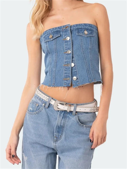 Sexy Women Denim Tube Strapless Slim Fit Button Down Bustiers Corsets Streetwear Summer Off Shoulder Vests Crop Top