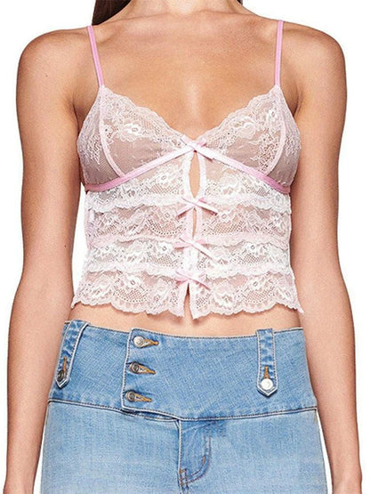 Sexy Women Lace Slim Front Bowknot Patchwork Cutout Spaghetti Strap Mini Vest Exposed Navel Cropped Tanks Crop Top