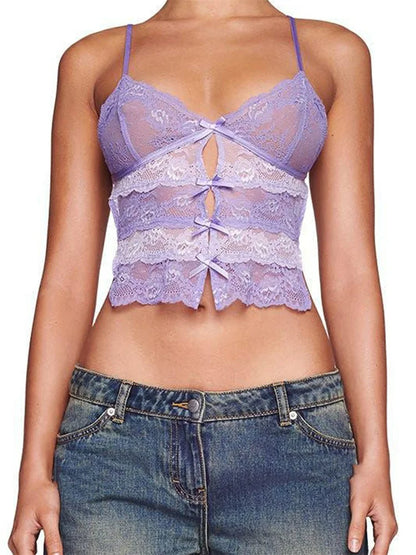 Sexy Women Lace Slim Front Bowknot Patchwork Cutout Spaghetti Strap Mini Vest Exposed Navel Cropped Tanks Crop Top