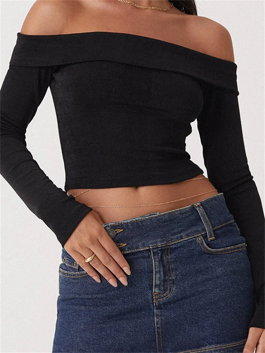 Sexy Long Sleeve Slim Fit Casual Exposed Navel Solid Slash Neck Off Shoulder T-shirts