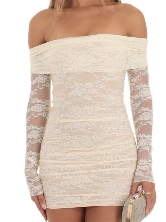 Off Shoulder Lace Long Sleeve Bodycon Mini Dresses