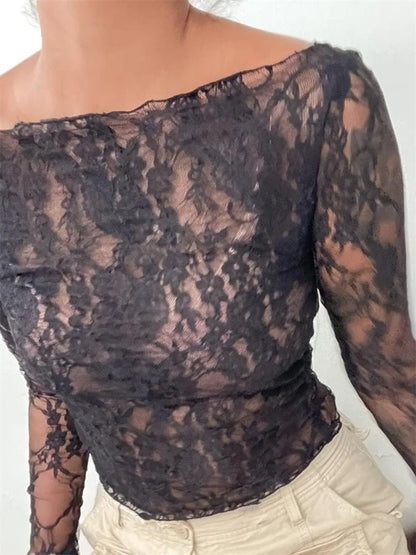 Sexy Slash Neck Off Shoulder Lace See-Through Long Sleeve Casual Pullover Club T-shirts