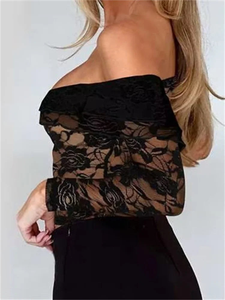 Sexy Long Sleeve Off-shoulder See-through Lace Slim Fit Mesh Push Up T-shirts