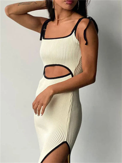 Lace-Up Waist Cutout Hollow Out Side Split Sleeveless Midi Dress