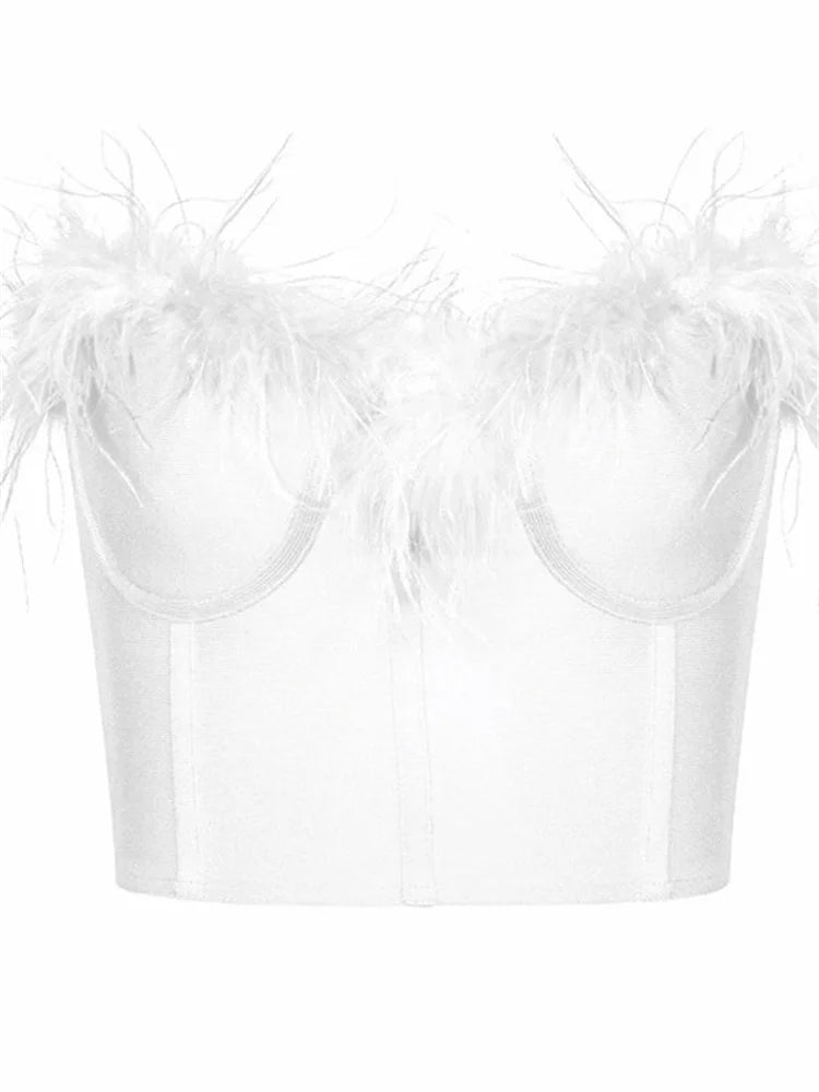 Women Fur Feather Patchwork Tube 2024 New Sexy Summer Strapless Off Shoulder Backless Back Zip Up Slim Vest Crop Top