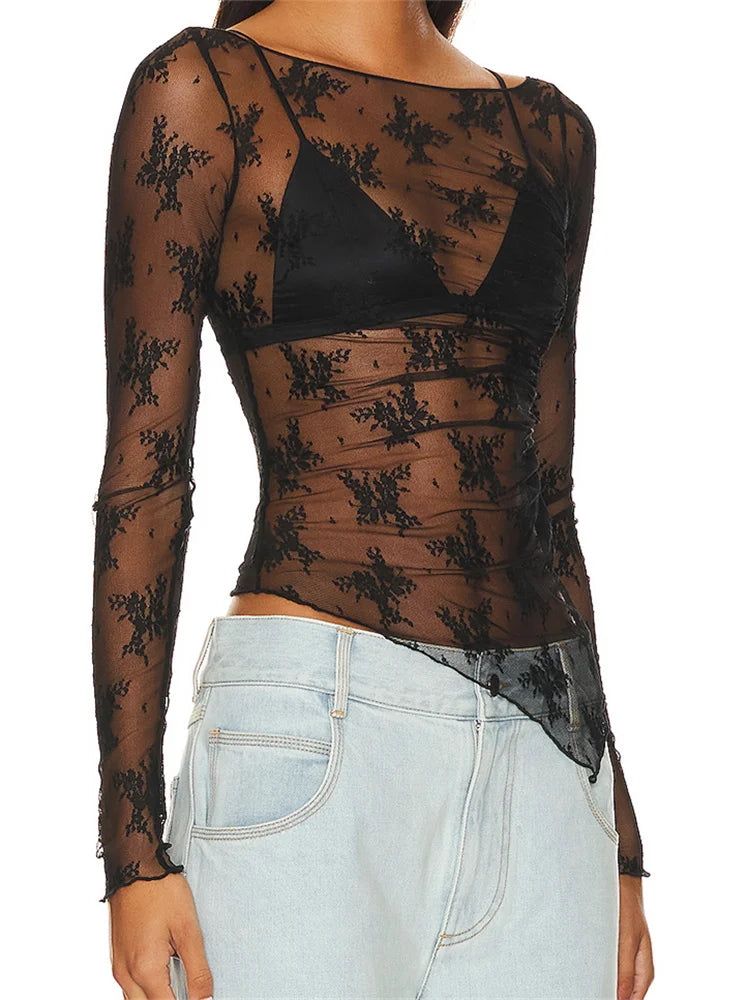 Lace Floral Long Sleeve Asymmetrical Hem Crop Mesh See Through Black Slim T-shirts