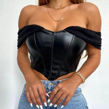 CHRONSTYLE Women Tube Top Cropped Vest 2024 Sexy Sleeveless PU Leather Back Zipper Exposed Navel Mesh Yarn Sleeve Suspender Tank Crop Top