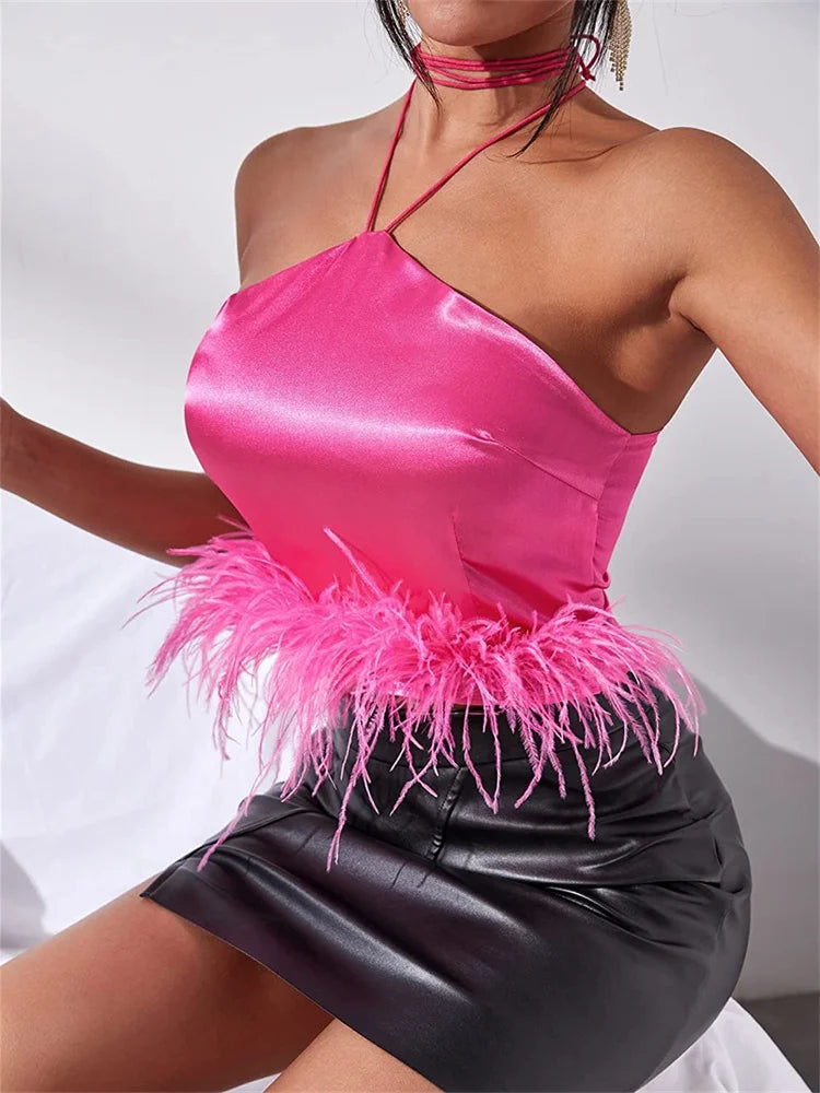 Y2K Sexy Women Vest Sleeveless Off Shoulder Halter Tie-up Backless Feather Patchwork Summer Tube Club Party Tank Crop Top