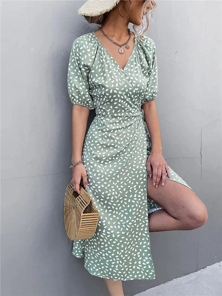 Casual Chiffon Side Wrap Polka Dot Puff A-line Split Midi Dresses