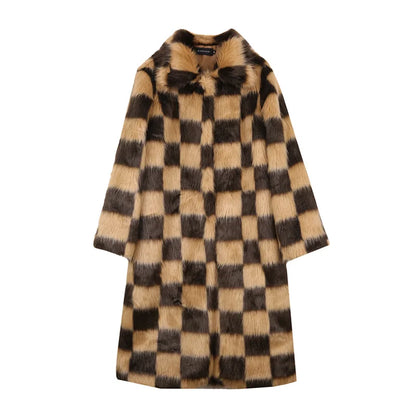 Checkerboard Plaid Faux Thick Warm Winter Plush Artificial Fake Coat