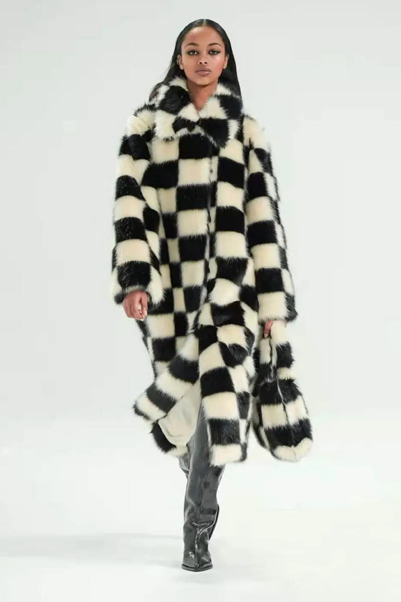 Checkerboard Plaid Faux Thick Warm Winter Plush Artificial Fake Coat