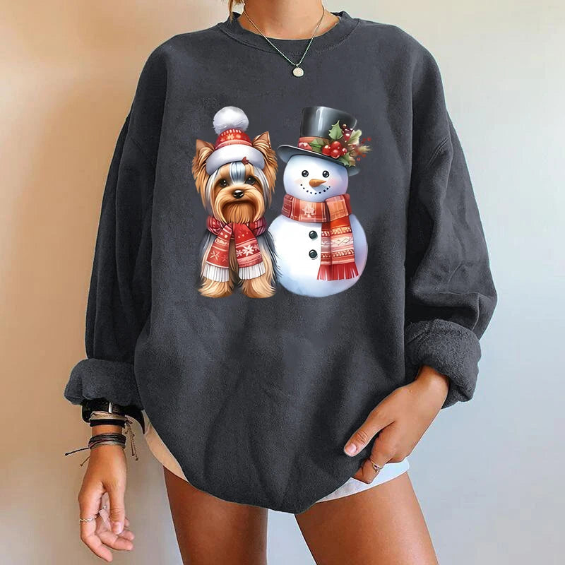 Y2K Snowman Dog Printed Christmas Hoodie