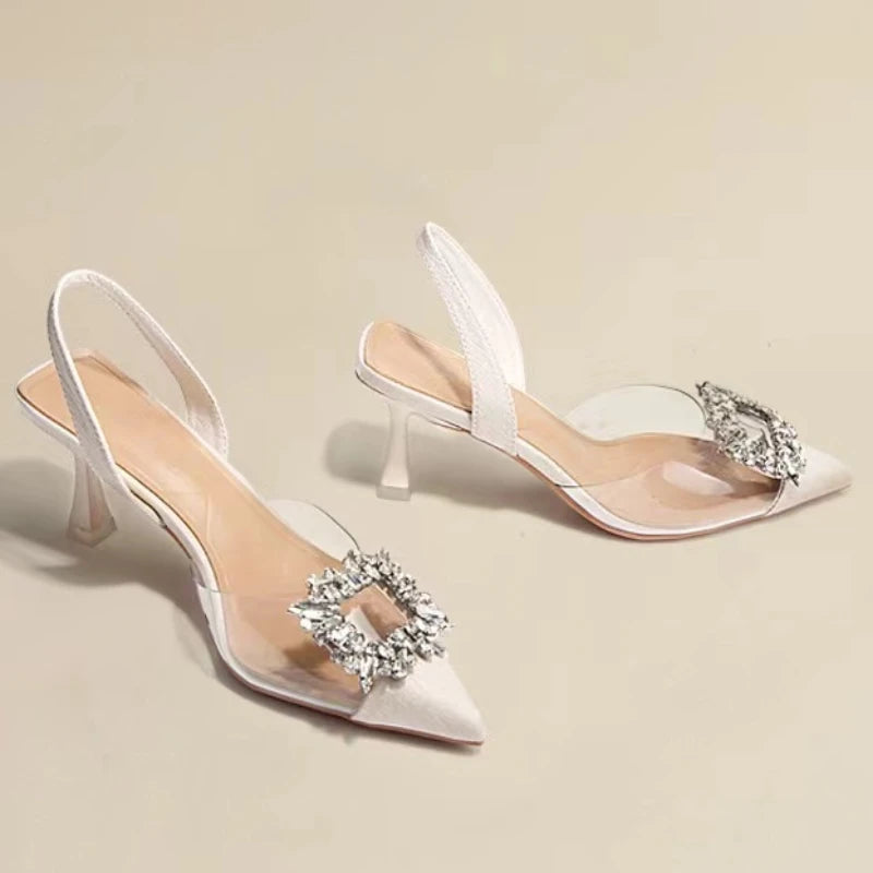 Classic Square Rhinestone Summer Sexy Pointed Slingback Simple Elegant Low Heel Pumps