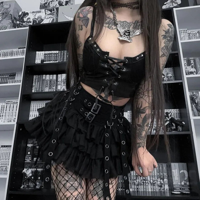 Cyber Gothic PU Leather Lace-up Y2K Emo Grunge Crop Top