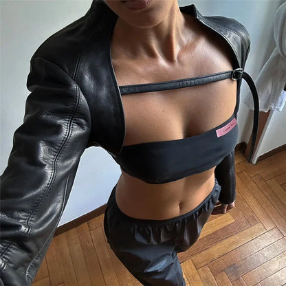 Cyber Gothic Streetwear Faux Pu Jackets Moto Biker Fashion Buckle Grunge Crop Top