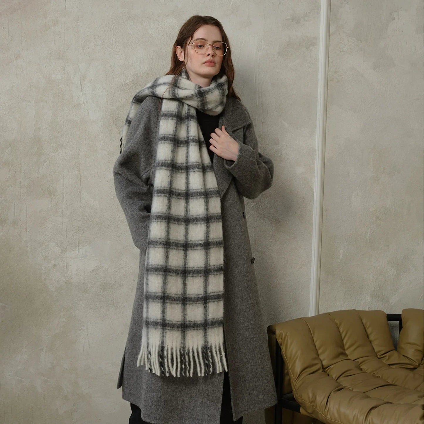 20% Wool Plaid Scarf Women Autumn Winter Soft Pink