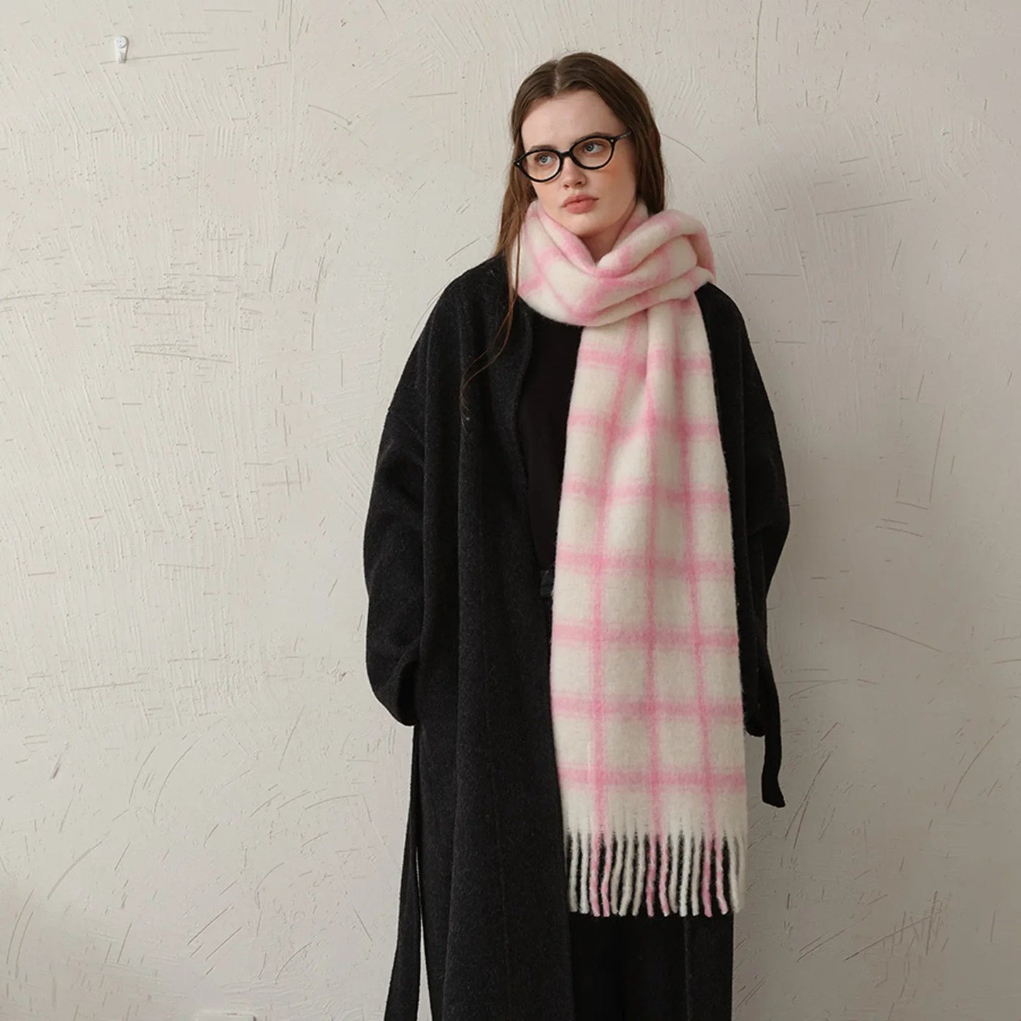 20% Wool Plaid Scarf Women Autumn Winter Soft Pink