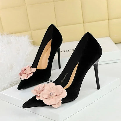 Designer Flower Pointed Toe Elegant Party Flannel Autumn High Heel